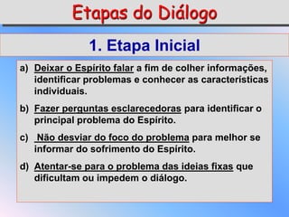 Etapas do Diálogo
1. Etapa Inicial
a) Deixar o Espírito falar a fim de colher informações,
identificar problemas e conhecer as características
individuais.
b) Fazer perguntas esclarecedoras para identificar o
principal problema do Espírito.
c) Não desviar do foco do problema para melhor se
informar do sofrimento do Espírito.
d) Atentar-se para o problema das ideias fixas que
dificultam ou impedem o diálogo.
 