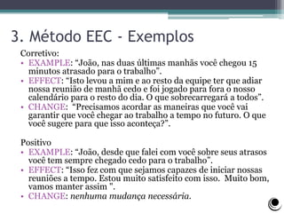 3. Método EEC - Exemplos
Corretivo:
• EXAMPLE: “João, nas duas últimas manhãs você chegou 15
minutos atrasado para o trabalho”.
• EFFECT: “Isto levou a mim e ao resto da equipe ter que adiar
nossa reunião de manhã cedo e foi jogado para fora o nosso
calendário para o resto do dia. O que sobrecarregará a todos”.
• CHANGE: “Precisamos acordar as maneiras que você vai
garantir que você chegar ao trabalho a tempo no futuro. O que
você sugere para que isso aconteça?”.
Positivo
• EXAMPLE: “João, desde que falei com você sobre seus atrasos
você tem sempre chegado cedo para o trabalho”.
• EFFECT: “Isso fez com que sejamos capazes de iniciar nossas
reuniões a tempo. Estou muito satisfeito com isso. Muito bom,
vamos manter assim ".
• CHANGE: nenhuma mudança necessária.
 