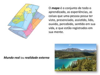 O	
  mapa	
  é	
  o	
  conjunto	
  de	
  todo	
  o	
  
                                             aprendizado,	
  as	
  experiências,	
  as	
  
                                             coisas	
  que	
  uma	
  pessoa	
  possa	
  ter	
  
                                             visto,	
  presenciado,	
  assis"do,	
  lido,	
  
                                             ouvido,	
  percebido,	
  sen"do	
  em	
  sua	
  
                                             vida,	
  e	
  que	
  estão	
  registrados	
  em	
  
                                             sua	
  mente.	
  




Mundo	
  real	
  ou	
  realidade	
  externa	
  
 