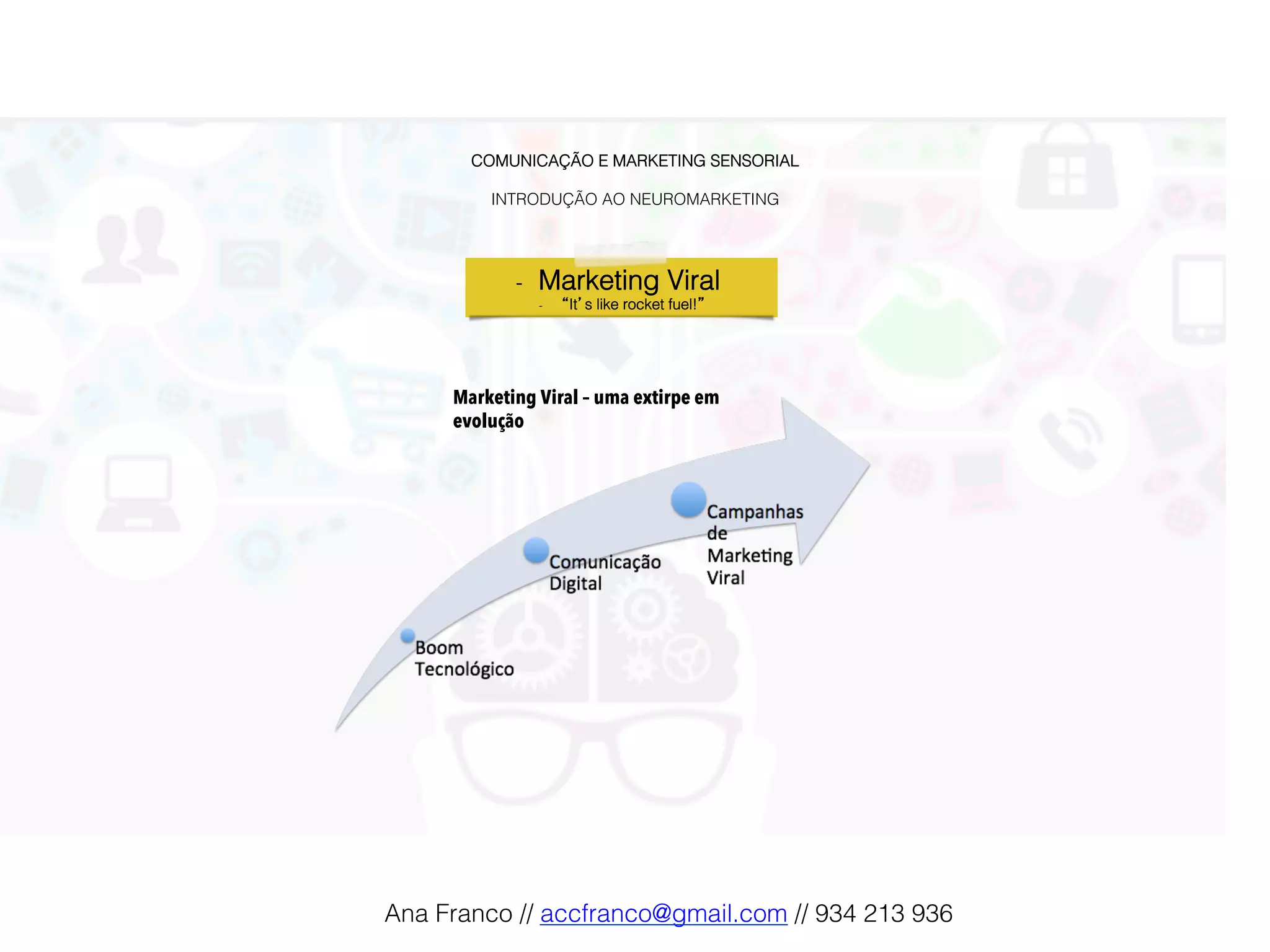 COMUNICAÇÃO E MARKETING SENSORIAL!
!
INTRODUÇÃO AO NEUROMARKETING!
-  Marketing Viral !
-  “It’s like rocket fuel!”!
Marketing Viral – uma extirpe em
evolução
Ana Franco // accfranco@gmail.com // 934 213 936!
 