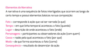 Fato – corresponde à ação que vai ser narrada (o que)
Tempo – em que linha temporal aconteceu o fato (quando)
Lugar – descrição de onde aconteceu o fato (onde)
Personagens – participantes ou observadores da ação (com quem)
Causa – razão pela qual aconteceu o fato (por que)
Modo – de que forma aconteceu o fato (como)
Consequência – resultado do desenrolar da ação
Elementos da Narrativa
A narrativa é uma sequência de fatos interligados que ocorrem ao longo de
certo tempo e possui elementos básicos na sua composição:
 