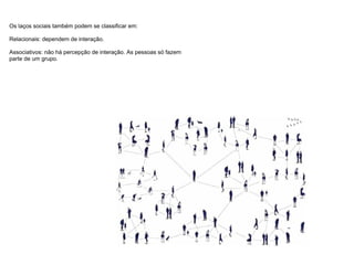 Os laços sociais também podem se classificar em: Relacionais: dependem de interação. Associativos: não há percepção de interação. As pessoas só fazem parte de um grupo. 