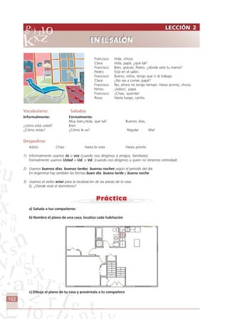 102
Francisco: Hola, chicos
Clara: Hola, papá, ¿qué tal?
Francisco: Bien, gracias. Pedro, ¿dónde está tu mamá?
Pedro: Está en el salón.
Francisco: Bueno, niños, tengo que ir al trabajo.
Clara: ¿No vas a comer, papá?
Francisco: No, ahora no tengo tiempo. Hasta pronto, chicos.
Niños: ¡Adiós!, papá.
Francisco: ¡Chao, querida!
Rosa: Hasta luego, cariño.
Vocabulario: Saludos
Informalmente: Formalmente:
Muy bien¿Hola, qué tal? Buenos días,
¿cómo está usted? Bien
¿Cómo estás? ¿Cómo le va? Regular Mal
Despedirse
Adiós Chao Hasta la vista Hasta pronto
1) Informalmente usamos tú o vos (cuando nos dirigimos a amigos, familiares).
Formalmente usamos Usted = Ud. o Vd. (cuando nos dirigimos a quien no tenemos intimidad).
2) Usamos buenos días, buenas tardes, buenas noches según el período del día.
En Argentina hay también las formas buen día, buena tarde y buena noche.
3) Usamos el verbo estar para la localización de las piezas de la casa:
Ej. ¿Dónde está el dormitorio?
a) Saluda a tus compañeros:
b) Nombra el plano de una casa, localiza cada habitación
c) Dibuja el plano de tu casa y preséntala a tu compañero
LECCIÓN 2
EN EL SALÓN
LECCIÓN 2
EN EL SALÓN
Comunicação Aluno.p65 27/3/2007, 10:41102
 
