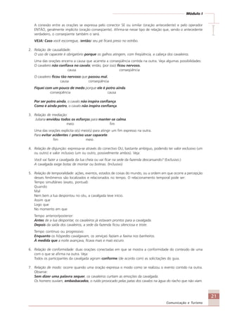 21
Comunicação e Turismo
Módulo I
IIIII
A conexão entre as orações se expressa pelo conector SE ou similar (oração antecedente) e pelo operador
ENTÃO, geralmente implícito (oração conseqüente). Afirma-se nesse tipo de relação que, sendo o antecedente
verdadeiro, o conseqüente também o será.
VEJA: Caso você escorregue, (então) seu pé ficará preso no estribo.
2. Relação de causalidade:
O uso de capacete é obrigatório porque os galhos atingem, com freqüência, a cabeça dos cavaleiros.
Uma das orações encerra a causa que acarreta a conseqüência contida na outra. Veja algumas possibilidades:
O cavaleiro não confiava no cavalo; então, (por isso) ficou nervoso.
causa conseqüência
O cavaleiro ficou tão nervoso que passou mal.
causa conseqüência
Fiquei com um pouco de medo porque ele é potro ainda.
conseqüência causa
Por ser potro ainda, o cavalo não inspira confiança.
Como é ainda potro, o cavalo não inspira confiança.
3. Relação de mediação:
Juliana envidou todos os esforços para manter-se calma.
meio fim
Uma das orações explicita o(s) meio(s) para atingir um fim expresso na outra.
Para evitar acidentes é preciso usar capacete.
fim meio
4. Relação de disjunção: expressa-se através do conectivo OU, bastante ambíguo, podendo ter valor exclusivo (um
ou outro) e valor inclusivo (um ou outro, possivelmente ambos). Veja:
Você vai fazer a cavalgada da lua cheia ou vai ficar na sede da fazenda descansando? (Exclusivo.)
A cavalgada exige botas de montar ou botinas. (Inclusivo)
5. Relação de temporalidade: ações, eventos, estados de coisas do mundo, ou a ordem em que ocorre a percepção
desses fenômenos são localizados e relacionados no tempo. O relacionamento temporal pode ser:
Tempo simultâneo (exato, pontual):
Quando
Mal
Nem bem a lua despontou no céu, a cavalgada teve início.
Assim que
Logo que
No momento em que
Tempo anterior/posterior:
Antes de a lua despontar, os cavaleiros já estavam prontos para a cavalgada.
Depois da saída dos cavaleiros, a sede da fazenda ficou silenciosa e triste.
Tempo contínuo ou progressivo:
Enquanto os hóspedes cavalgavam, os serviçais faziam a faxina nos banheiros.
À medida que a noite avançava, ficava mais e mais escuro.
6. Relação de conformidade: duas orações conectadas em que se mostra a conformidade do conteúdo de uma
com o que se afirma na outra. Veja:
Todos os participantes da cavalgada agiram conforme (de acordo com) as solicitações do guia.
7. Relação de modo: ocorre quando uma oração expressa o modo como se realizou o evento contido na outra.
Observe:
Sem dizer uma palavra sequer, os cavaleiros curtiam as emoções da cavalgada.
Os homens ouviam, embasbacados, o ruído provocado pelas patas dos cavalos na água do riacho que não viam.
Comunicação Aluno.p65 27/3/2007, 10:4121
 