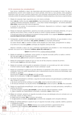 22
C) Os conectores (ou encadeadores)
Esses termos, trabalhados a seguir, são responsáveis pela estruturação de enunciados em textos. Ou seja, os
encadeamentos ocorrem entre orações de um mesmo período, entre dois ou mais períodos, entre parágrafos.
Importante notar que esses conectores determinam uma orientação argumentativa dos enunciados; daí serem
chamados também de operadores argumentativos. Estabelecem relações pragmáticas, discursivas ou argumentativas.
1. Relação de conjunção: ligam argumentos para uma mesma conclusão.
Esta é não só a melhor excursão, como também a mais emocionante. Bem organizada, tem os melhores guias
e oferece momentos sensacionais, fantásticos – a lua cheia é sempre fantasmagórica – de extrema adrenalina.
Além disso, proporciona altos níveis de segurança.
A reunião foi um sucesso. Os excursionistas se conheceram, dispuseram-se a continuar a viagem e ainda
mantiveram o astral em alta.
2. Relação de disjunção argumentativa: apresenta enunciados possuidores de orientações diferentes, em que o
segundo procura levar o leitor a mudar de opinião ou aceitar a opinião expressa no primeiro.
A reunião para tratar do cancelamento do passeio foi tempo perdido. Ou os viajantes decidiriam suspender a
excursão depois de todo o dinheiro gasto?
3. Contrajunção: caracteriza-se por contrapor enunciados de argumentos diferentes, em que prevalece o enun-
ciado introduzido pelos operadores: mas, porém, contudo (as conjunções adversativas):
Os cavalos desviam, mas os cavaleiros acabam sendo atingidos por várias farpas, principalmente na cabeça.
A lua teima em se esconder, porém a animação dos hóspedes continua em alta.
Observe o exemplo a seguir, em que a orientação argumentativa que prevalece é a não introduzida pelo
operador. Isso ocorre com os operadores embora, apesar de, ainda que, etc.
Apesar da ausência de lua, a turma continua animada.
4. Relação de explicação ou justificativa: ocorre quando um segundo enunciado justifica ou explica o anterior:
Não saia agora, que está chovendo muito forte.
Estão demorando, pois precisam procurar os capacetes adequados.
5. Relação de comprovação é aquela em que um novo ato de fala comprova a asserção do primeiro.
Caiu do cavalo, tanto que está todo esfolado.
6. Relação de conclusão: ocorre quando os operadores introduzem um enunciado que tem valor conclusivo.
O animal é ainda um potro. Logo, pode se recusar a atravessar o açude.
7. Relação de comparação é aquela em que dois elementos se apresentam como sendo um comparante e outro
comparado. Possui um caráter argumentativo, pois o relacionamento ocorre em termos de inferioridade, supe-
rioridade ou igualdade.
Essa excursão foi mais excitante do que a do mês passado.
Apesar de ser ainda potro, foi tão valente quanto os cavalos experientes.
8. Na relação de generalização ou extensão, o segundo enunciado expressa uma generalização ou amplificação da
idéia contida no primeiro:
a. No escuro você tem de ter confiança no cavalo; aliás, sempre se tem de confiar no animal.
b. Ele não quis atravessar o rio de jeito nenhum. É verdade que é ainda um potro e, de fato, ficou assustado.
9. Relação de especificação-exemplificação: ocorre quando um segundo enunciado particulariza, exemplifica a
assertiva do primeiro.
a. Ocorrem situações inusitadas; por exemplo, o potro não quis saber de atravessar o açude.
b. Alguns hóspedes são freqüentadores contumazes, inveterados, como a Maria Luísa.
10. Relação de contraste: apresenta um segundo enunciado, em que uma declaração entra em contraste com o já
enunciado, criando um efeito retórico:
a. Gosto muito de cavalgar. Mas, no escuro, nem pensar.
b. Os apreciadores só assistem, ao passo que os amantes das cavalgadas vivem sensações deliciosas.
11. Relação de correção-definição é aquela em que um segundo enunciado corrige, suspende, redefine, questiona
o conteúdo do primeiro:
a. Teremos cavalgada noturna. Melhor: teremos se as nuvens permitirem o aparecimento da lua.
b. O potrinho não é nada bobo; pelo contrário, tem provado ser muito esperto e corajoso.
Comunicação Aluno.p65 27/3/2007, 10:4122
 