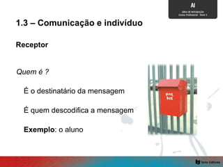 Receptor
É o destinatário da mensagem
É quem descodifica a mensagem
Exemplo: o aluno
1.3 – Comunicação e indivíduo
Quem é ?
 