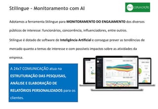 Adotamos a ferramenta Stilingue para MONITORAMENTO DO ENGAJAMENTO dos diversos
públicos de interesse: funcionários, concorrência, influenciadores, entre outros.
Stilingue é dotado de software de Inteligência Artificial e consegue prever as tendências de
mercado quanto a temas de interesse e com possíveis impactos sobre as atividades da
empresa.
Stilingue – Monitoramento com AI
A 24x7 COMUNICAÇÃO atua na
ESTRUTURAÇÃO DAS PESQUISAS,
ANÁLISE E ELABORAÇÃO DE
RELATÓRIOS PERSONALIZADOS para os
clientes.
 