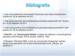 <http://www.slideshare.net/anakelly73/comunico-nas-relaes-interpessoais>
Acesso em: 02 de setembro de 2011.

<http://www.ceismael.com.br/oratoria/comunicacao-interpessoal.htm> Acesso
em: 03 de setembro de 2011.

<http://www.portal-rp.com.br/bibliotecavirtual/projetosdepesquisa02/0277.pdf>
Acesso em: 02 de setembro de 2011.

RIBEIRO, Lair. Comunicação Global: a mágica da influência. A neurolingüística
aplicada à comunicação. Rio de Janeiro: Objetiva, 1993.

(Passadori, Reinaldo(1999). A arte da comunicação interpessoal. retirado
dehttp://www.gestaoerh.com.br/site/visitante/artigos/cmmk_009.php em
29/08/2011)
 