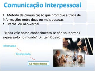  Método de comunicação que promove a troca de
informações entre duas ou mais pessoas.
 Verbal ou não-verbal

“Nada vale nosso conhecimento se não soubermos
expressá-lo no mundo” Dr. Lair Ribeiro.

Informação


         Transmissão


                  Conhecimento
 