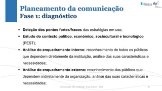 Comunicação (d)e marketing | Graça Gabriel | 2020 20
Planeamento da comunicação
Fase 1: diagnóstico
 Deteção dos pontos fortes/fracos das estratégias em uso;
 Estudo do contexto político, económico, sociocultural e tecnológico
(PEST);
 Análise do enquadramento interno: reconhecimento de todos os públicos
que dependem diretamente da instituição, análise das suas características e
necessidades;
 Análise do enquadramento externo: reconhecimento dos públicos que
dependem indiretamente da organização, análise das suas características e
necessidades;
 