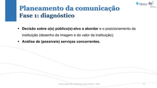 Comunicação (d)e marketing | Graça Gabriel | 2020 21
Planeamento da comunicação
Fase 1: diagnóstico
 Decisão sobre o(s) público(s)-alvo a abordar e o posicionamento da
instituição (desenho da imagem e do valor da instituição);
 Análise de (possíveis) serviços concorrentes.
 