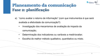 Comunicação (d)e marketing | Graça Gabriel | 2020 34
Planeamento da comunicação
Fase 2: planificação
e) “como avaliar o retorno de informação” (com que instrumentos é que será
avaliada a efetividade da comunicação?)
• Investigação dos mecanismos de avaliação do impacto da
comunicação;
• Determinação dos indicadores ou variáveis a medir/avaliar;
• Escolha do melhor método qualitativo, quantitativo ou misto.
 