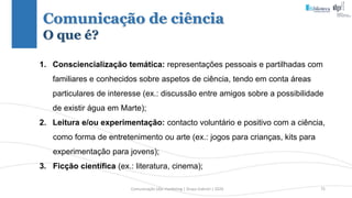 Comunicação (d)e marketing | Graça Gabriel | 2020 75
1. Consciencialização temática: representações pessoais e partilhadas com
familiares e conhecidos sobre aspetos de ciência, tendo em conta áreas
particulares de interesse (ex.: discussão entre amigos sobre a possibilidade
de existir água em Marte);
2. Leitura e/ou experimentação: contacto voluntário e positivo com a ciência,
como forma de entretenimento ou arte (ex.: jogos para crianças, kits para
experimentação para jovens);
3. Ficção científica (ex.: literatura, cinema);
Comunicação de ciência
O que é?
 