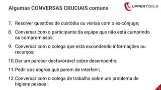 10
Algumas CONVERSAS CRUCIAIS comuns
7. Resolver questões de custódia ou visitas com o ex-cônjuge;
8. Conversar com o participante da equipe que não está cumprindo
os compromissos;
9. Conversar com o colega que está escondendo informações ou
recursos;
10.Dar um parecer desfavorável sobre desempenho;
11.Pedir aos sogros que parem de interferir;
12.Conversar com o colega de trabalho sobre um problema de
higiene pessoal;
 