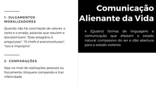 Comunicação
Alienante da Vida1- JULGAMENTOS
MORALIZADORES
Quando não há conciliação de valores, o
certo e o errado, palavras que rotulam e
docotomizam: "Esse estagiário é
preguiçoso", "O chefe é preconceituoso",
"Isto é impróprio".
2- COMPARAÇÕES
Seja no nível de realizações pessoais ou
fisicamente, bloqueia compaixão e traz
infelicidade.
4 (Quatro) formas de linguagem e
comunicação que afastam o estado
natural compassivo do ser e dão abertura
para o estado violento.
 