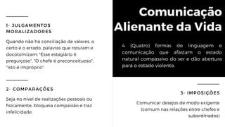 Comunicação
Alienante da Vida
4 (Quatro) formas de linguagem e
comunicação que afastam o estado
natural compassivo do ser e dão abertura
para o estado violento.
1- JULGAMENTOS
MORALIZADORES
Quando não há conciliação de valores, o
certo e o errado, palavras que rotulam e
docotomizam: "Esse estagiário é
preguiçoso", "O chefe é preconceituoso",
"Isto é impróprio".
2- COMPARAÇÕES
Seja no nível de realizações pessoais ou
fisicamente, bloqueia compaixão e traz
infelicidade.
3- IMPOSIÇÕES
Comunicar desejos de modo exigente
(comum nas relações entre chefes e
subordinados)
 
