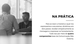 NA PRÁTICA
Para se rever a maneira o qual nos
expressamos e escutamos, dividimos em
dois passos: receber empaticamente as
mensagens e expressar-se honestamente.
Tudo isso por meio de quatro
componentes base da Comunicação Não
Violenta.
 