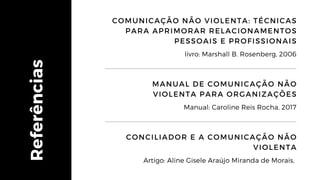 Referências
COMUNICAÇÃO NÃO VIOLENTA: TÉCNICAS
PARA APRIMORAR RELACIONAMENTOS
PESSOAIS E PROFISSIONAIS
livro: Marshall B. Rosenberg, 2006
MANUAL DE COMUNICAÇÃO NÃO
VIOLENTA PARA ORGANIZAÇÕES
Manual: Caroline Reis Rocha, 2017
CONCILIADOR E A COMUNICAÇÃO NÃO
VIOLENTA
Artigo: Aline Gisele Araújo Miranda de Morais,
 