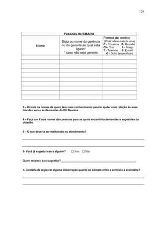 129




                                Pessoas da SMARU
                                                               Formas de contato
                              Sigla ou nome da gerência        (Pode indicar mais de uma)
                              ou do gerente ao qual está       C - Conversa R- Reunião
          Nome                                                 Ch- Chat       S - Siasp
                                        ligado*                T - Telefone E- E-mail
                               * caso não seja gerente           O - Outro (especificar)




3 – Circule os nomes de quem tem mais conhecimento para te ajudar com relação às suas
dúvidas sobre as demandas do BH Resolve.


4 – Faça um X nos nomes das pessoas para as quais encaminha demandas e sugestões do
cidadão.


5 – O que deveria ser melhorado no atendimento?




6- Você já sugeriu isso a alguém?       Sim     Não


Quem recebeu sua sugestão? __________________________________________________


7. Gostaria de registrar alguma observação quanto ao contato entre a central e a secretaria?
 