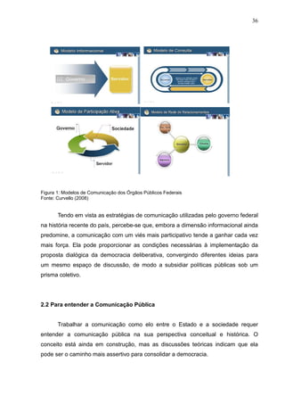 36




Figura 1: Modelos de Comunicação dos Órgãos Públicos Federais
Fonte: Curvello (2008)


       Tendo em vista as estratégias de comunicação utilizadas pelo governo federal
na história recente do país, percebe-se que, embora a dimensão informacional ainda
predomine, a comunicação com um viés mais participativo tende a ganhar cada vez
mais força. Ela pode proporcionar as condições necessárias à implementação da
proposta dialógica da democracia deliberativa, convergindo diferentes ideias para
um mesmo espaço de discussão, de modo a subsidiar políticas públicas sob um
prisma coletivo.




2.2 Para entender a Comunicação Pública


       Trabalhar a comunicação como elo entre o Estado e a sociedade requer
entender a comunicação pública na sua perspectiva conceitual e histórica. O
conceito está ainda em construção, mas as discussões teóricas indicam que ela
pode ser o caminho mais assertivo para consolidar a democracia.
 