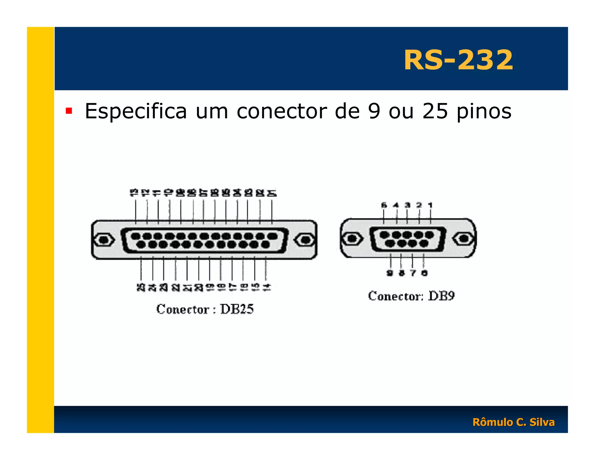 RS-232
Especifica um conector de 9 ou 25 pinos

Rômulo C. Silva

 