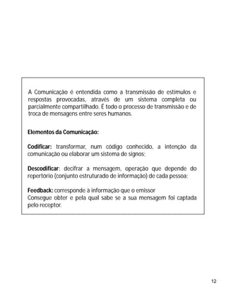 12
A Comunicação é entendida como a transmissão de estímulos e
respostas provocadas, através de um sistema completa ou
parcialmente compartilhado. É todo o processo de transmissão e de
troca de mensagens entre seres humanos.
Elementos da Comunicação:
Codificar: transformar, num código conhecido, a intenção da
comunicação ou elaborar um sistema de signos;
Descodificar: decifrar a mensagem, operação que depende do
repertório (conjunto estruturado de informação) de cada pessoa;
Feedback: corresponde à informação que o emissor
Consegue obter e pela qual sabe se a sua mensagem foi captada
pelo receptor.
 