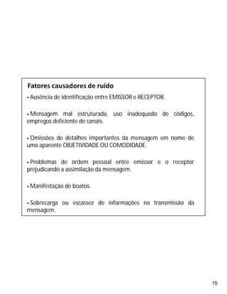 15
 Ausência de identificação entre EMISSOR e RECEPTOR.
 Mensagem mal estruturada, uso inadequado de códigos,
empregos deficiente de canais.
 Omissões de detalhes importantes da mensagem em nome de
uma aparente OBJETIVIDADE OU COMODIDADE.
 Problemas de ordem pessoal entre emissor e o receptor
prejudicando a assimilação da mensagem.
 Manifestação de boatos.
 Sobrecarga ou escassez de informações na transmissão da
mensagem.
 