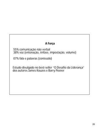 20
A Força
55% comunicação não verbal
38% voz (entonação, ênfase, impostação, volume)
07% fala e palavras (conteúdo)
Estudo divulgado no best-seller “O Desafio da Liderança”
dos autores James Kouzes e Barry Posner
 
