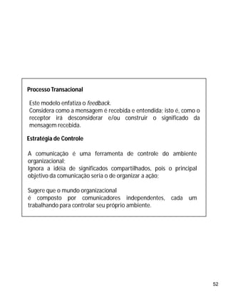 52
Processo Transacional
Este modelo enfatiza o feedback.
Considera como a mensagem é recebida e entendida; isto é, como o
receptor irá desconsiderar e/ou construir o significado da
mensagem recebida.
Estratégia de Controle
A comunicação é uma ferramenta de controle do ambiente
organizacional;
Ignora a idéia de significados compartilhados, pois o principal
objetivo da comunicação seria o de organizar a ação;
Sugere que o mundo organizacional
é composto por comunicadores independentes, cada um
trabalhando para controlar seu próprio ambiente.
 