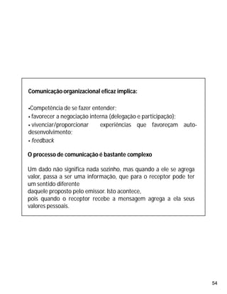 54
Comunicação organizacional eficaz implica:
Competência de se fazer entender;
 favorecer a negociação interna (delegação e participação);
 vivenciar/proporcionar experiências que favoreçam auto-
desenvolvimento;
 feedback
O processo de comunicação é bastante complexo
Um dado não significa nada sozinho, mas quando a ele se agrega
valor, passa a ser uma informação, que para o receptor pode ter
um sentido diferente
daquele proposto pelo emissor. Isto acontece,
pois quando o receptor recebe a mensagem agrega a ela seus
valores pessoais.
 