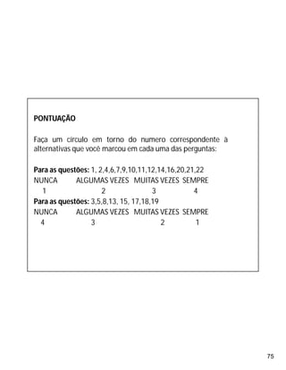 75
PONTUAÇÃO
Faça um círculo em torno do numero correspondente à
alternativas que você marcou em cada uma das perguntas:
Para as questões: 1, 2,4,6,7,9,10,11,12,14,16,20,21,22
NUNCA ALGUMAS VEZES MUITAS VEZES SEMPRE
1 2 3 4
Para as questões: 3,5,8,13, 15, 17,18,19
NUNCA ALGUMAS VEZES MUITAS VEZES SEMPRE
4 3 2 1
 