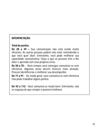 76
INTERPRETAÇÃO
Total do pontos
De 28 a 49 – Sua comunicação não está sendo muito
eficiente. As outras pessoas podem não estar entendendo o
que você quer dizer. Entretanto, você pode melhorar sua
capacidade comunicativa. Ouça o que as pessoas têm a lhe
dizer e aprenda com seus próprios erros.
De 50 a 70 - Nem sempre você consegue comunicar-se com
eficiência. Algumas áreas devem merecer mais atenção.
Procure identificá-las e melhorar seu desempenho.
De 71 a 91 - De modo geral, você comunica-se com eficiência
mas pode trabalhar alguns pontos.
De 92 a 112- Você comunica-se muito bem. Entretanto, não
se esqueça de que sempre é possível melhorar.
 