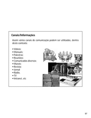 87
Canais/Informações
Assim vários canais de comunicação podem ser utilizados, dentro
deste contexto:
 Vídeos;
 Manuais;
 Palestras;
 Reuniões;
 Comunicados diversos;
 Murais;
 Revista;
 Jornal
 Rádio,
 TV
 Intranet, etc
 