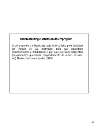 91
Endomarketing e satisfação do empregado
O desempenho é influenciado pelo esforço feito pelo individuo
em função de sua motivação, pela sua capacidade
(conhecimentos e habilidades) e por suas restrições ambientais
(equipamentos quebrados, comportamento de outras pessoas,
etc). Nadler, Hackman e Lawler (1983).
 