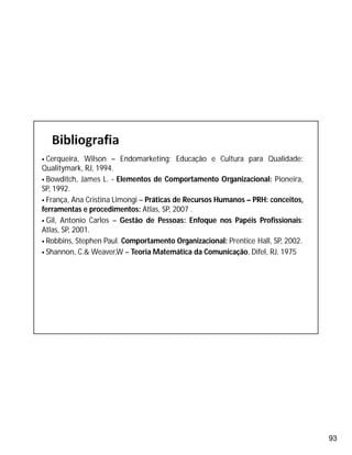93
 Cerqueira, Wilson – Endomarketing: Educação e Cultura para Qualidade:
Qualitymark, RJ, 1994.
 Bowditch, James L. - Elementos de Comportamento Organizacional: Pioneira,
SP, 1992.
 França, Ana Cristina Limongi – Práticas de Recursos Humanos – PRH: conceitos,
ferramentas e procedimentos: Atlas, SP, 2007 .
 Gil, Antonio Carlos – Gestão de Pessoas: Enfoque nos Papéis Profissionais:
Atlas, SP, 2001.
 Robbins, Stephen Paul. Comportamento Organizacional: Prentice Hall, SP, 2002.
 Shannon, C.& Weaver,W – Teoria Matemática da Comunicação, Difel, RJ, 1975
 