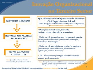 Compromisso| Solidariedade| Tolerância| Internacionalidade… Inspirando a Mudança! Rui Martins©
3
GESTÃO DA INOVAÇÃO
INOVAÇÃO NAS PRÁTICAS
DE TRABALHO
FONTE VANTAGEM
COMPETITIVA
Fonte Julian Birkinshaw, co-founder
InnovationLab, London Business School
Que diferencia uma Organização da Sociedade
Civil Especialmente Eficaz?
Alinhar Percepções dos Stakeholders com Objectivos da Organização
(Modelo de Múltiplos Constituintes)
• Direcções mais eficazes, tomando
decisões certas e fazendo bem as coisas
• Maior uso de procedimentos correctos de gestão
(avaliação de necessidades, planeamento estratégico,
mensuração de satisfação)
• Maior uso de estratégias de gestão de mudança
(procura novas fontes de receitas, incremento de
legitimação, controlo de custos)
• Ter Direcção com prestígio social relacionado
apenas moderadamente
Fonte “Nonprofit Organizational Effectiveness: contrasts between especially
effective and less effective organizations”, Herman & Renz, 1998, Nonprofit
Management and Leadership
Inovação Organizacional
no Terceiro Sector
 
