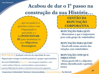 Compromisso| Solidariedade| Tolerância| Internacionalidade… Inspirando a Mudança! Rui Martins©
30
Acabou de dar o 1º passo na
construção da sua História…
… que irá ajudá-lo a
perceber como a sua
Organização é
percebida e a
(re)POSICIONAR-
SE para maximizar os
seus Objectivos
Estratégicos
GESTÃO DA
REPUTAÇÃO
CORPORATIVA
REPUTAÇÃO PARA QUÊ?
• Determinar o que é importante
para cada grupo de stakeholders
REPUTAÇÃO PARA QUEM?
• Good will criado através das
relações com stakeholders
REPUTAÇÃO COM QUE
OBJECTIVO?
• Gerar good will é o objectivo
último identificando e gerindo
issues
REPUTAÇÃO | Avaliação colectiva da capacidade de uma
Organização entregar resultados positivos a grupos representativos
dos seus Stakeholders. Benefícios: cria vantagem competitiva | atrai
e retém melhores Talentos | atrai investidores e patrocinadores |
aumenta fidelização de clientes | incrementa acesso novos segmentos
 