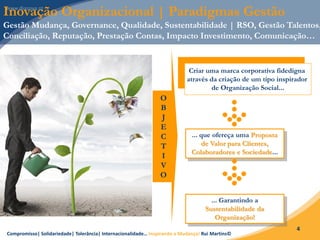 Compromisso| Solidariedade| Tolerância| Internacionalidade… Inspirando a Mudança! Rui Martins©
4
Inovação Organizacional | Paradigmas Gestão
Gestão Mudança, Governance, Qualidade, Sustentabilidade | RSO, Gestão Talentos,
Conciliação, Reputação, Prestação Contas, Impacto Investimento, Comunicação…
Criar uma marca corporativa fidedigna
através da criação de um tipo inspirador
de Organização Social...
... que ofereça uma Proposta
de Valor para Clientes,
Colaboradores e Sociedade...
... Garantindo a
Sustentabilidade da
Organização!
O
B
J
E
C
T
I
V
O
 
