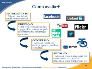 Compromisso| Solidariedade| Tolerância| Internacionalidade… Inspirando a Mudança! Rui Martins©
40
Como avaliar?
ENVOLVIMENTO
• Cliques num link de
um site ou rede social
EDUCAÇÃO
• Link leva o visitante ao site
/ página Facebook onde pode
encontrar toda a informação
que carece
CONVERSÃO
• A pessoa regista-se e
começa a postar, partilhar,
comentar…
RETORNO
• A pessoa refere a amigo que por
sua vez entra na conversa,
infuencia e altera comportamento
 