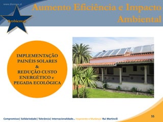 Compromisso| Solidariedade| Tolerância| Internacionalidade… Inspirando a Mudança! Rui Martins©
55
Aumento Eficiência e Impacto
AmbientalAmbiental
IMPLEMENTAÇÃO
PAINÉIS SOLARES
&
REDUÇÃO CUSTO
ENERGÉTICO e
PEGADA ECOLÓGICA
 