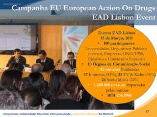 Compromisso| Solidariedade| Tolerância| Internacionalidade… Inspirando a Mudança! Rui Martins©
67
Evento EAD Lisboa
15 de Março, 2011
• 100 participantes
Universidades, Organismos Públicos
diversos, Empresas, ONG/IPSS,
Cidadãos e Convidados Especiais
• 10 Órgãos de Comunicação Social
• 82 notícias Publicadas
47 Imprensa (43%), 35 TV & Radio (35%),
24 Social Media (22%)
• 1.200.000 pessoas impactadas
pelas notícias
• ROI 236.596€
Campanha EU European Action On Drugs
EAD Lisbon Event
 