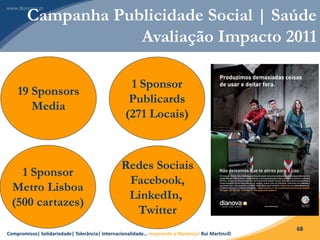 Compromisso| Solidariedade| Tolerância| Internacionalidade… Inspirando a Mudança! Rui Martins©
68
19 Sponsors
Media
1 Sponsor
Publicards
(271 Locais)
1 Sponsor
Metro Lisboa
(500 cartazes)
Redes Sociais
Facebook,
LinkedIn,
Twitter
Campanha Publicidade Social | Saúde
Avaliação Impacto 2011
 