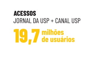 JORNAL DA USP + CANAL USP
19,7milhões
de usuários
ACESSOS
(Dados de 2019)
 