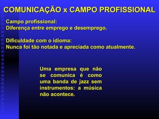 COMUNICAÇÃO x CAMPO PROFISSIONALCOMUNICAÇÃO x CAMPO PROFISSIONAL
Campo profissional:Campo profissional:
Diferença entre emprego e desemprego.Diferença entre emprego e desemprego.
Dificuldade com o idioma:Dificuldade com o idioma:
Nunca foi tão notada e apreciada como atualmente.Nunca foi tão notada e apreciada como atualmente.
Uma empresa que nãoUma empresa que não
se comunica é comose comunica é como
uma banda de jazz semuma banda de jazz sem
instrumentos: a músicainstrumentos: a música
não acontece.não acontece.
 