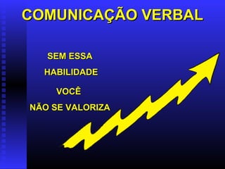 COMUNICAÇÃO VERBALCOMUNICAÇÃO VERBAL
SEM ESSASEM ESSA
HABILIDADEHABILIDADE
VOCÊVOCÊ
NÃO SE VALORIZANÃO SE VALORIZA
 