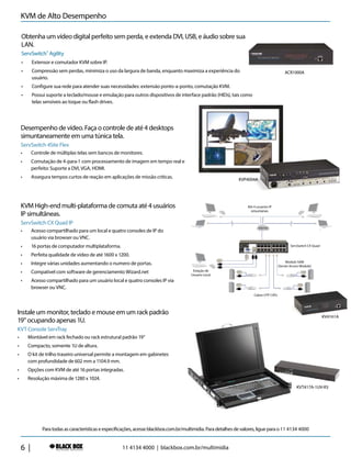 6 |
Desempenho de vídeo. Faça o controle de até 4 desktops
simuntaneamente em uma túnica tela.
ServSwitch 4Site Flex
•	 Controle de múltiplas telas sem bancos de monitores.
•	 Comutação de 4-para-1 com processamento de imagem em tempo real e
perfeito: Suporte a DVI, VGA, HDMI.
•	 Assegura tempos curtos de reação em aplicações de missão criticas.
KVM High-end multi-plataforma de comuta até 4 usuários
IP simultâneas.
ServSwitch CX Quad IP
•	 Acesso compartilhado para um local e quatro consoles de IP do
usuário via browser ou VNC.
•	 16 portas de computador multiplataforma.
•	 Perfeita qualidade de vídeo de até 1600 x 1200.
•	 Integre várias unidades aumentando o numero de portas.
•	 Compativel com software de gerenciamento Wizard.net
•	 Acesso compartilhado para um usuário local e quatro consoles IP via
browser ou VNC.
Instale um monitor, teclado e mouse em um rack padrão
19” ocupando apenas 1U.
KVT Console ServTray
•	 Montável em rack fechado ou rack estrutural padrão 19”
•	 Compacto, somente 1U de altura.
•	 O kit de trilho traseiro universal permite a montagem em gabinetes
com profundidade de 602 mm a 1104.9 mm.
•	 Opções com KVM de até 16 portas integradas.
•	 Resolução máxima de 1280 x 1024.
Obtenha um vídeo digital perfeito sem perda, e extenda DVI, USB, e áudio sobre sua
LAN.
ServSwitch™
Agility
•	 Extensor e comutador KVM sobre IP.
•	 Compressão sem perdas, minimiza o uso da largura de banda, enquanto maximiza a experiência do
usuário.
•	 Configure sua rede para atender suas necessidades: extensão ponto-a-ponto, comutação KVM.
•	 Possui suporte a teclado/mouse e emulação para outros dispositivos de interface padrão (HIDs), tais como
telas sensíveis ao toque ou flash drives.
ACR1000A
KVP4004A
KV4161A
KVM de Alto Desempenho
11 4134 4000 | blackbox.com.br/multimidia
Para todas as características e especificações, acesse blackbox.com.br/multimidia. Para detalhes de valores, ligue para o 11 4134 4000
Cabos UTP CATx
Estação de
Usuario Local
Modulo SAM
(Server Access Module)
ServSwitch CX Quad
Até 4 usuarios IP
simuntaneo
KVT417A-1UV-R3
 