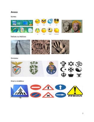 7
Anexo
Icones:
Índices ou Indícios:
Símbolos:
Sinal e sinalética:
 