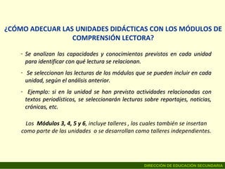 ¿CÓMO ADECUAR LAS UNIDADES DIDÁCTICAS CON LOS  MÓDULOS  DE COMPRENSIÓN LECTORA? Se analiza n  las capacidades y conocimientos previstos en cada unidad para identificar con qué lectura se relacionan.  Se selecciona n  las lecturas de los módulos que se pueden incluir en cada unidad, según el análisis anterior. Ejemplo: si en la unidad se han previsto actividades relacionadas con textos periodísticos, se seleccionará n  lecturas sobre reportajes, noticias, crónicas, etc. Los  Módulos 3, 4, 5 y 6 , incluye talleres , los cuales  también  se insertan como parte de las unidades  o se  desarrollan  como talleres independientes. 