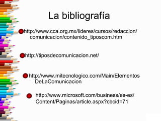 La bibliografía
http://www.cca.org.mx/lideres/cursos/redaccion/
   comunicacion/contenido_tiposcom.htm


http://tiposdecomunicacion.net/


  http://www.mitecnologico.com/Main/Elementos
     DeLaComunicacion

    http://www.microsoft.com/business/es-es/
    Content/Paginas/article.aspx?cbcid=71
 