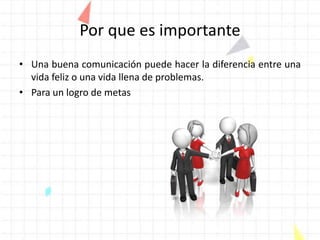 Por que es importante
• Una buena comunicación puede hacer la diferencia entre una
vida feliz o una vida llena de problemas.
• Para un logro de metas
 